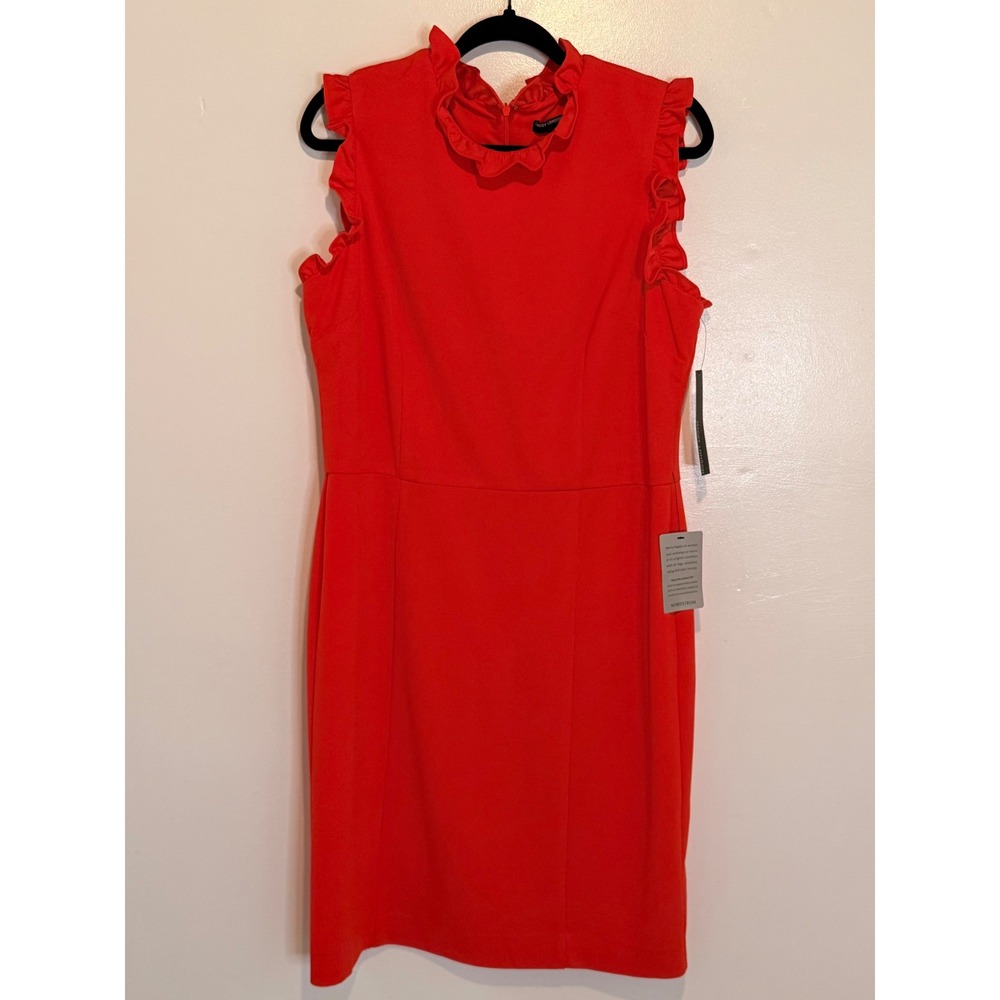 Maggy London Ruffle Neck Sleeveless  Sheath Dress Womens 16 Orange NWT - Picture 2 of 10